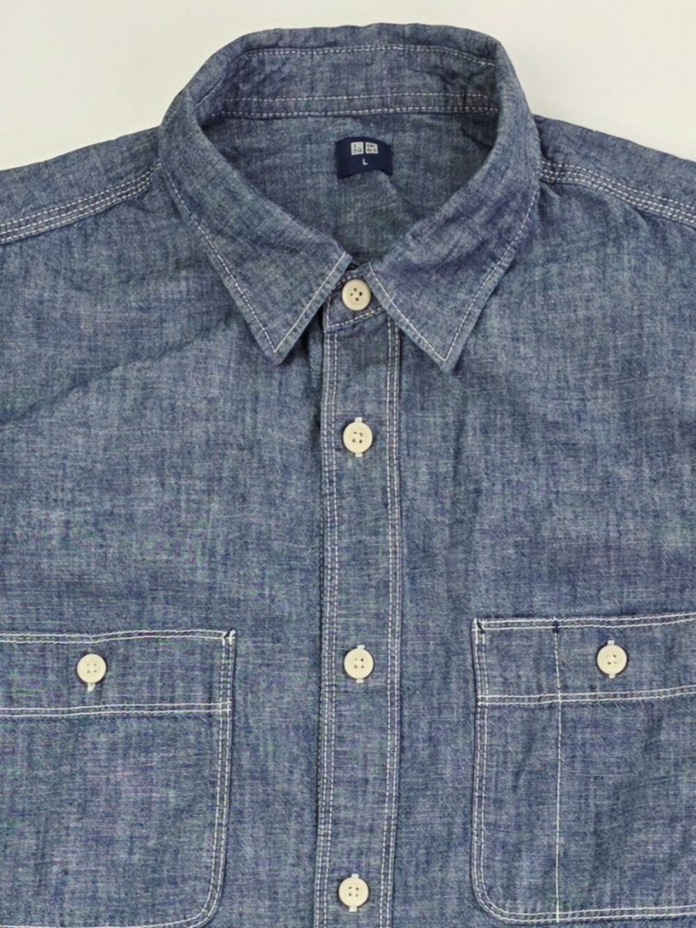 Uniqlo Size Large Mens Blue Denim Long Sleeve Two Pocket Cotton Shirt - Picture 5 of 9